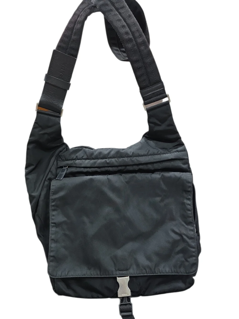 Prada Black Nylon Messenger Bag with Silver Hardware